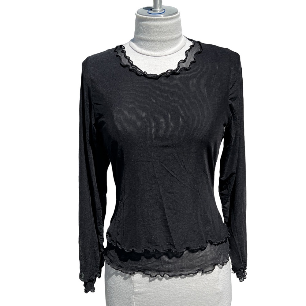 Whistles Black Sheer Ruffle-Trim Long Sleeve Top